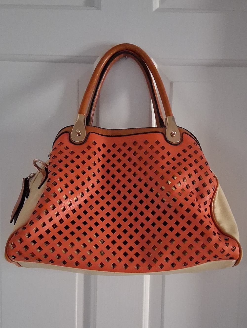 Orange and Cream Perforated Women's Satchel Handbag